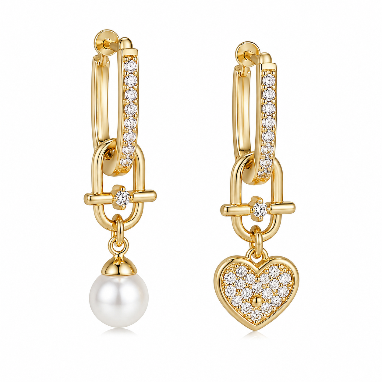Elegant 18K gold plated pearl and heart drop earrings with cubic zirconia details on white backgroun