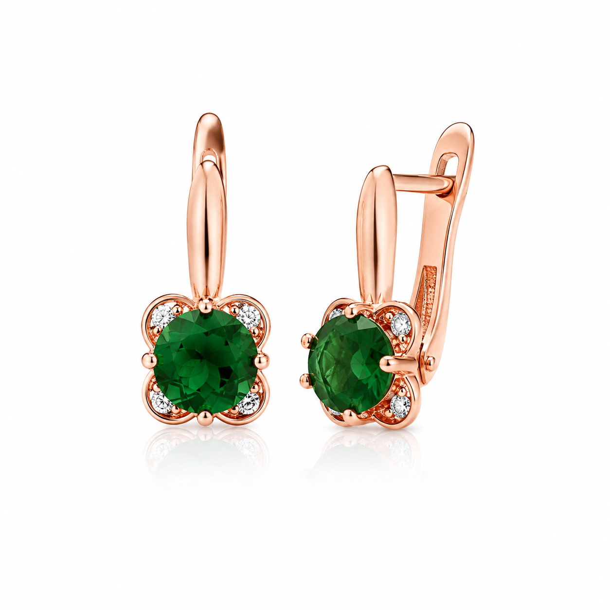 Rose gold-plated earrings with green crystal stone and lever back fastening