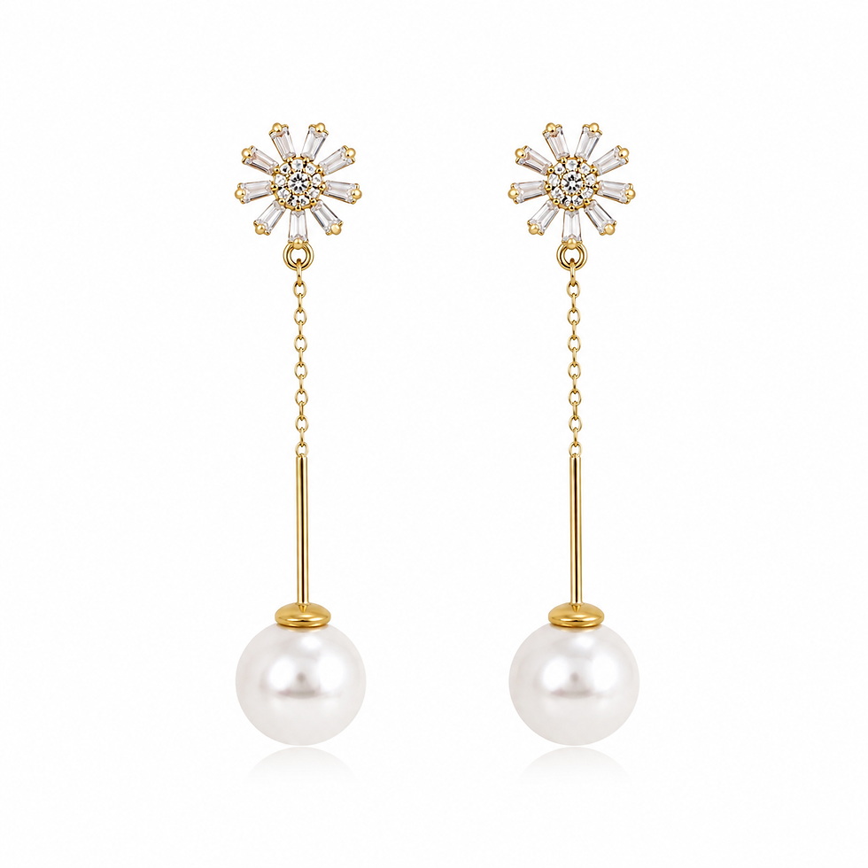 Elegant 925 sterling silver gold plated pearl drop earrings with crystal flower studs on white background