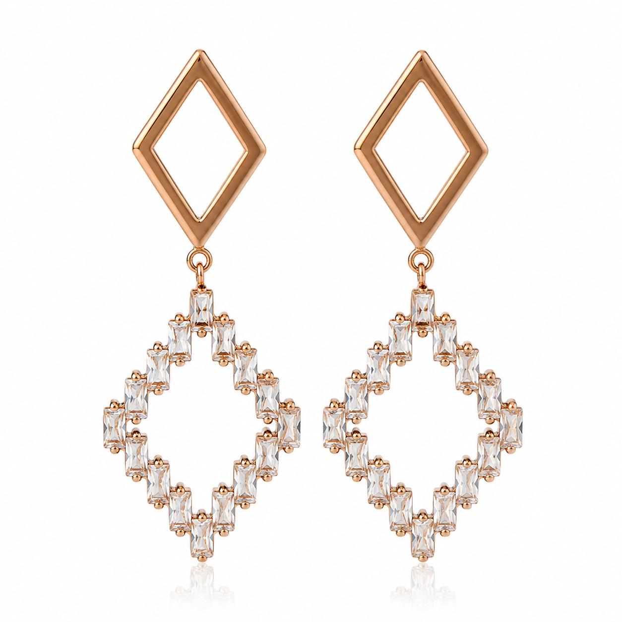 Rose Gold Geometric Drop Earrings with White Zirconia
