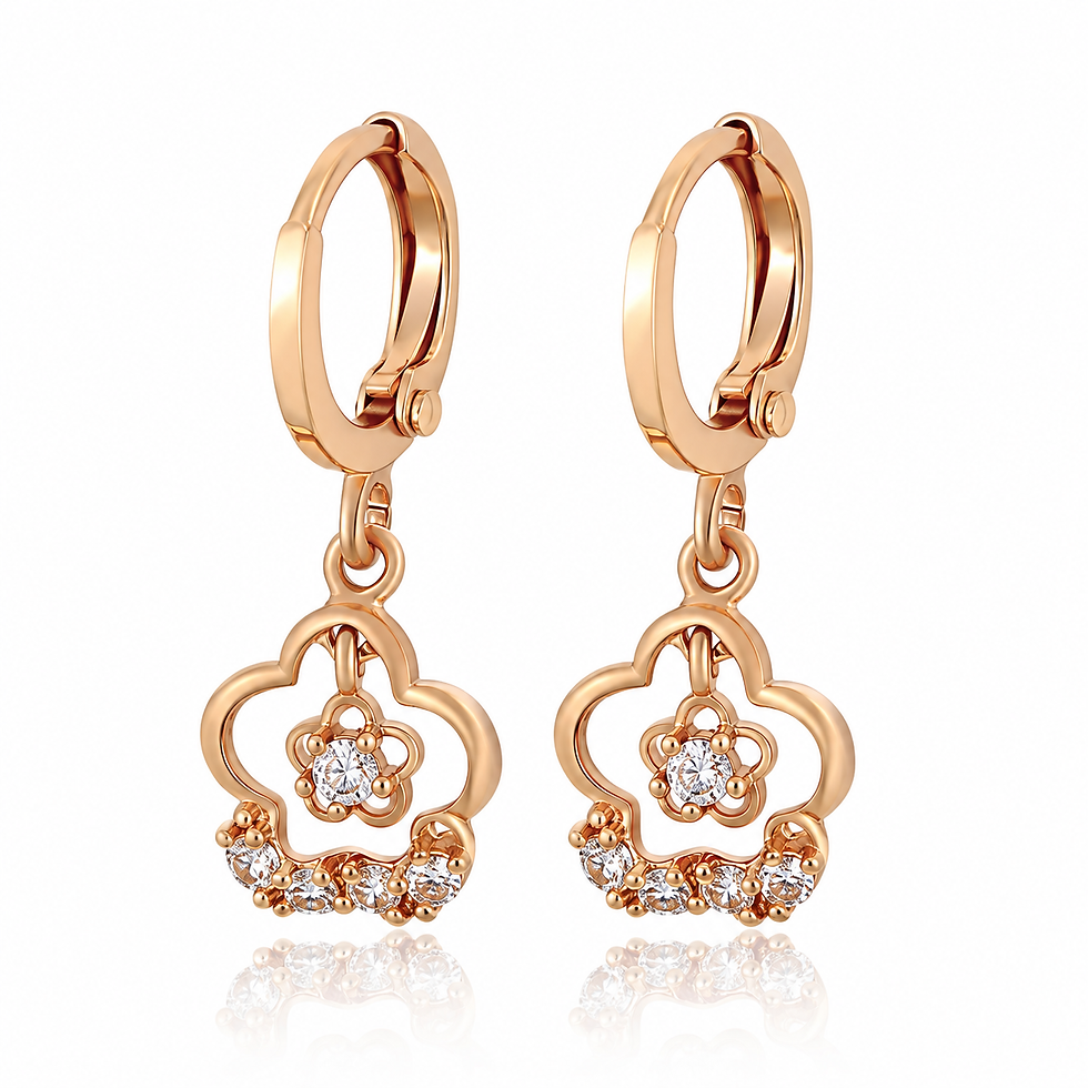Gold plated earrings with floral crystal charm and cubic zirconia stones – front view