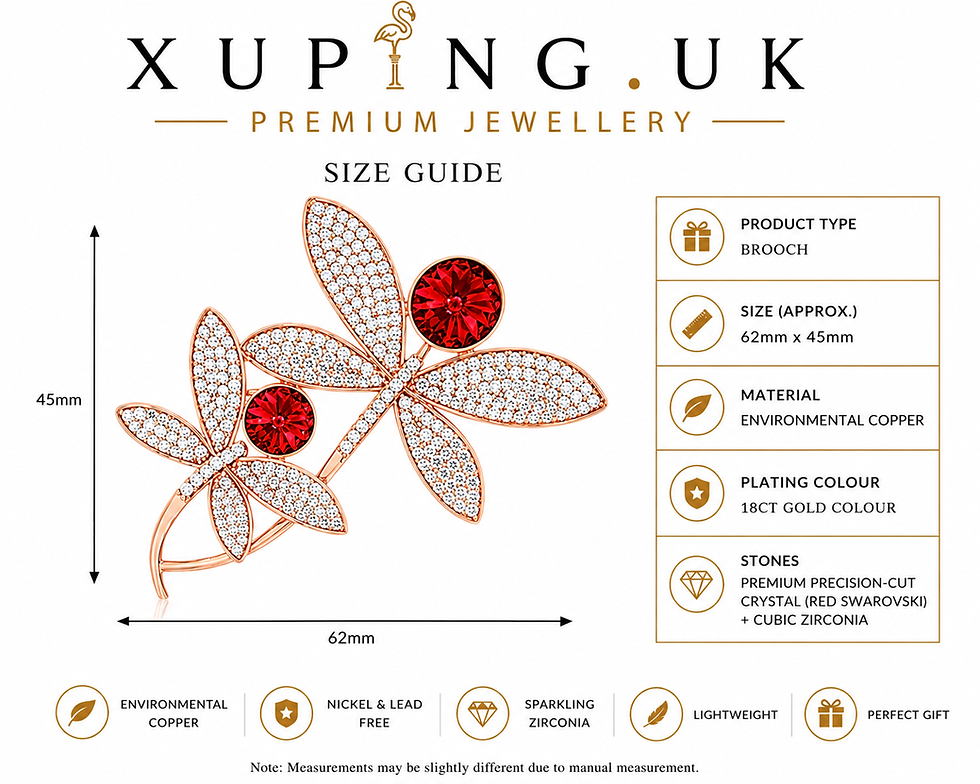 Dragonfly brooch size guide – 62 × 45 mm with red Premium Precision-Cut Crystals.