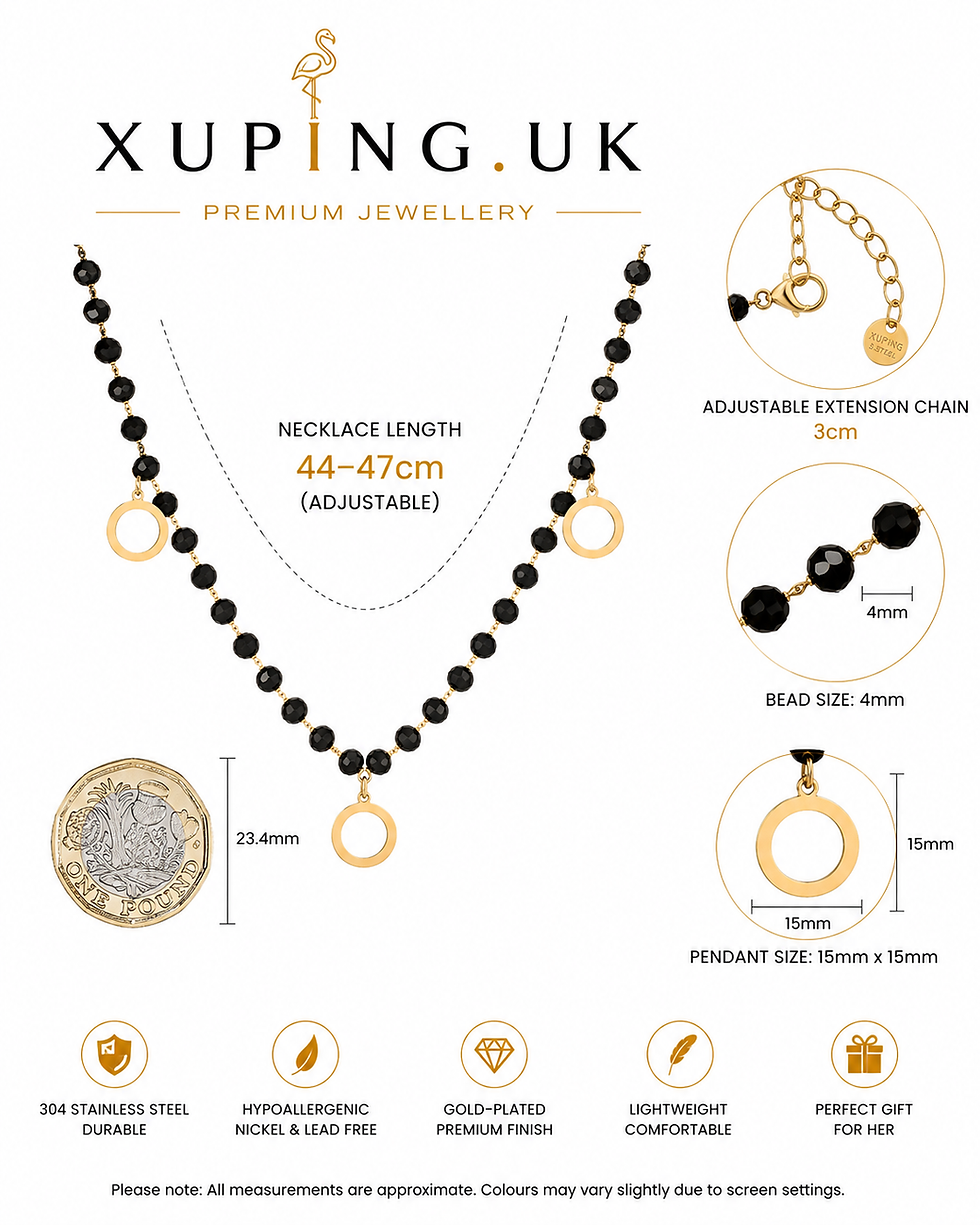 Thumbnail: Black beaded circle necklace size guide, adjustable 44–47 cm with 4 mm beads and 15 mm circle details