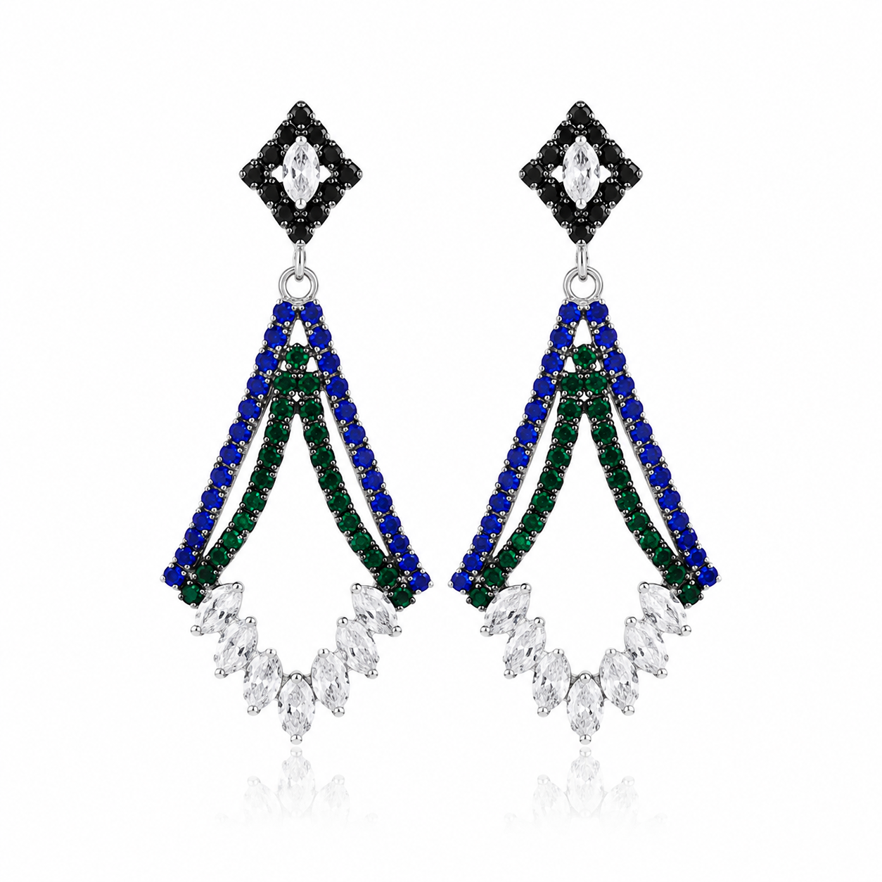 925 sterling silver sapphire and emerald drop earrings with sparkling cubic zirconia stones on a white background.
