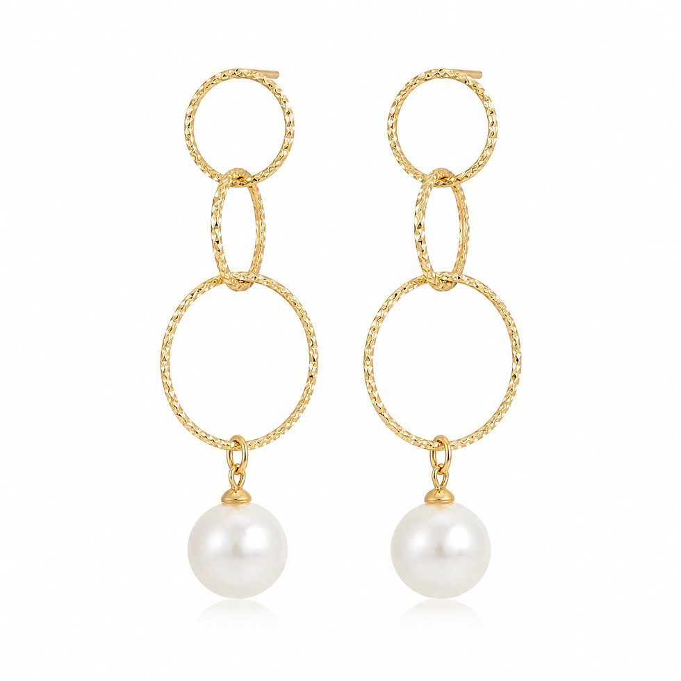 14K gold tone triple circle pearl drop earrings on white background
