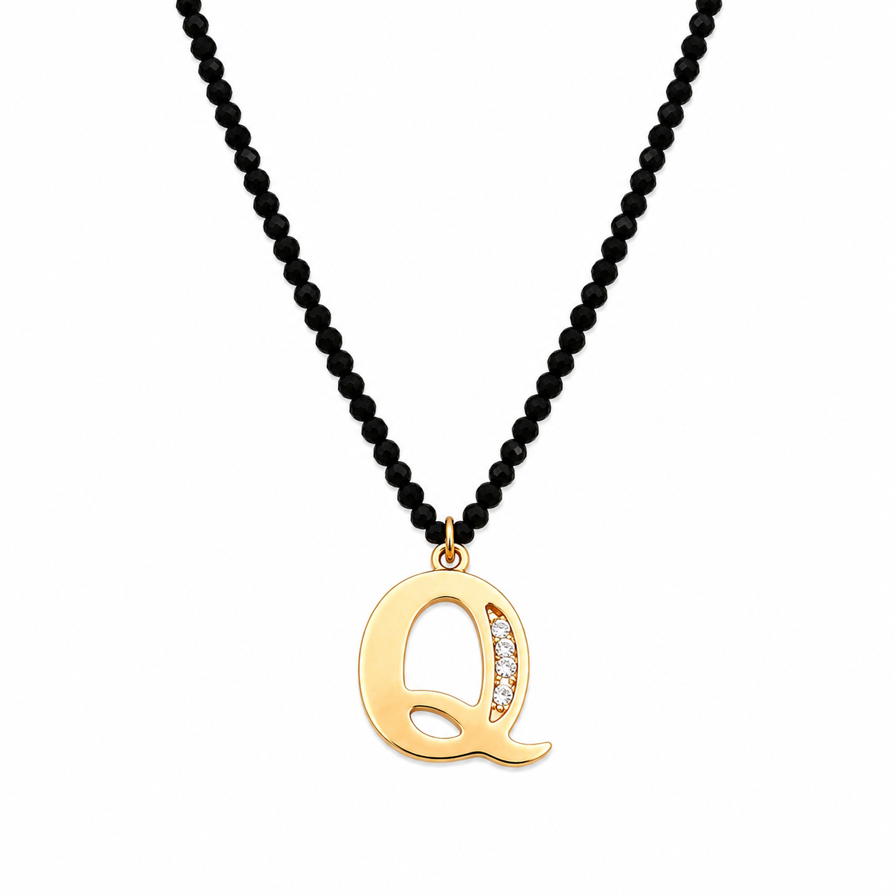 Black beaded Q pendant necklace with 18K Gold Colour Plated finish