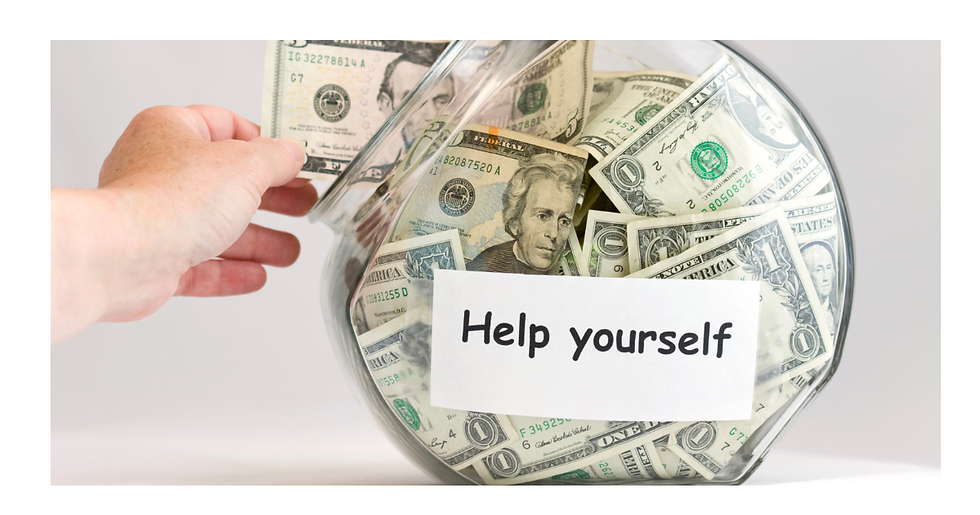 Hand dropping a five-dollar bill into a glass jar overflowing with cash, labeled 'Help yourself'