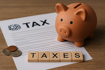 A terracotta piggy bank next to a tax form and wooden letter tiles spelling "TAXES" on stacked coins, representing tax-smart retirement withdrawal strategies and tax bracket planning.