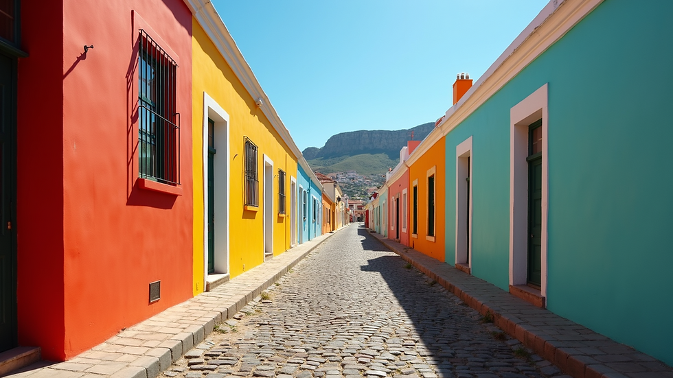 Eye-level view of a colorful Bo-Kaap street with traditional Cape Malay houses