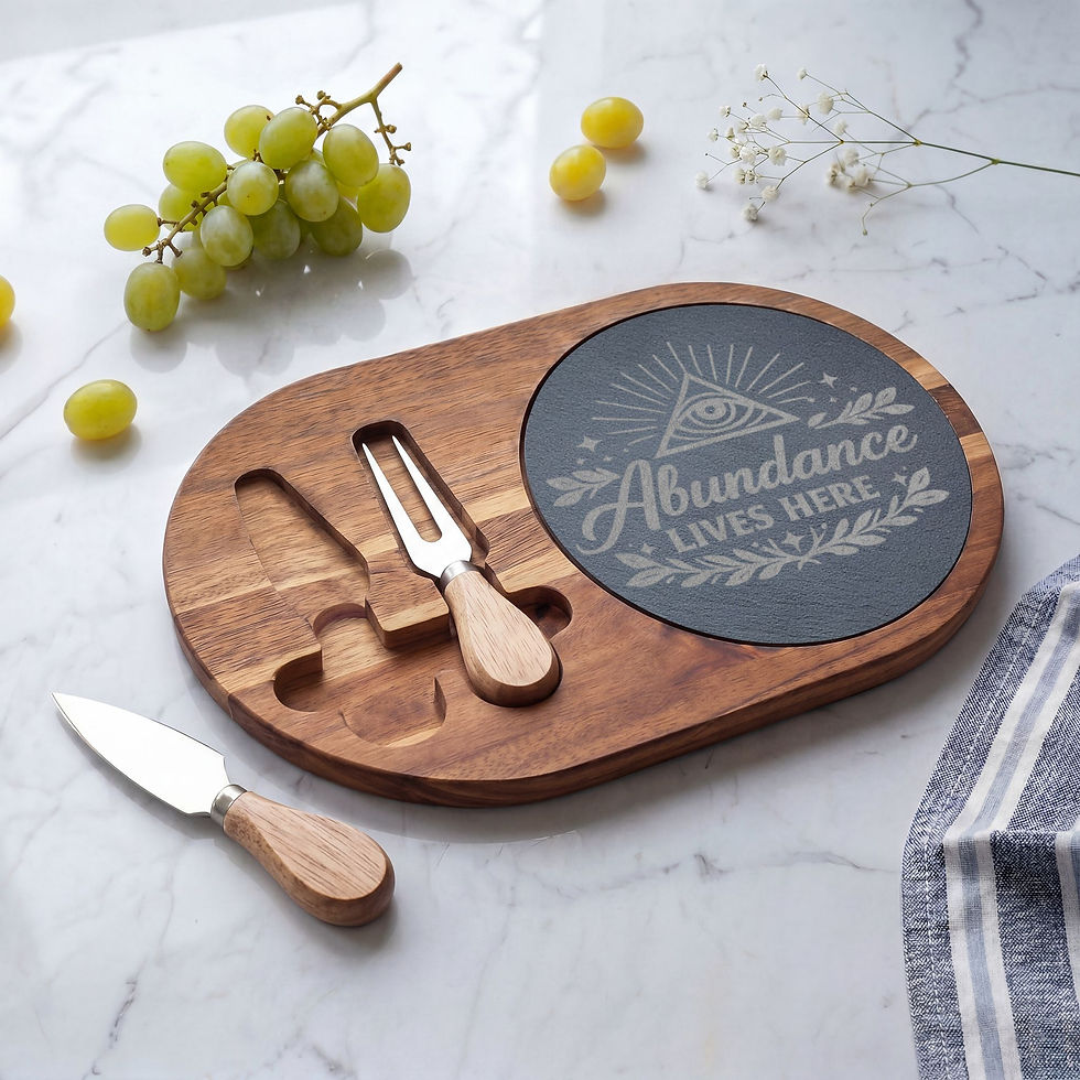 Thumbnail: Abundance Lives Here – Engraved Bamboo Charcuterie Board with Slate