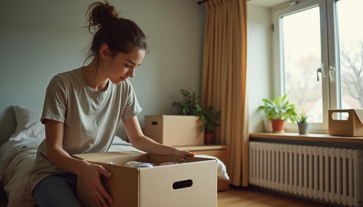 Close-up view of a student unpacking boxes in a dorm room after storage delivery