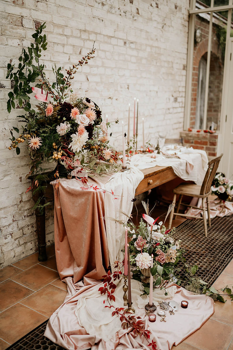 Styled wedding breakfast table with muted autumnal colours
