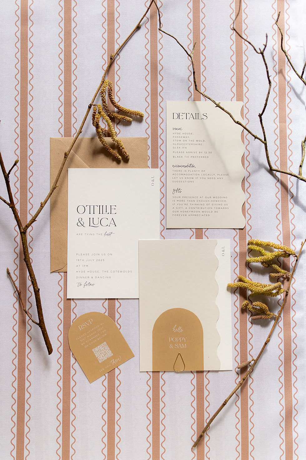 A wedding stationery collection in a neutral colour palette with bold typography, shaped layers, a little calligraphy, waved edges and layered shapes.