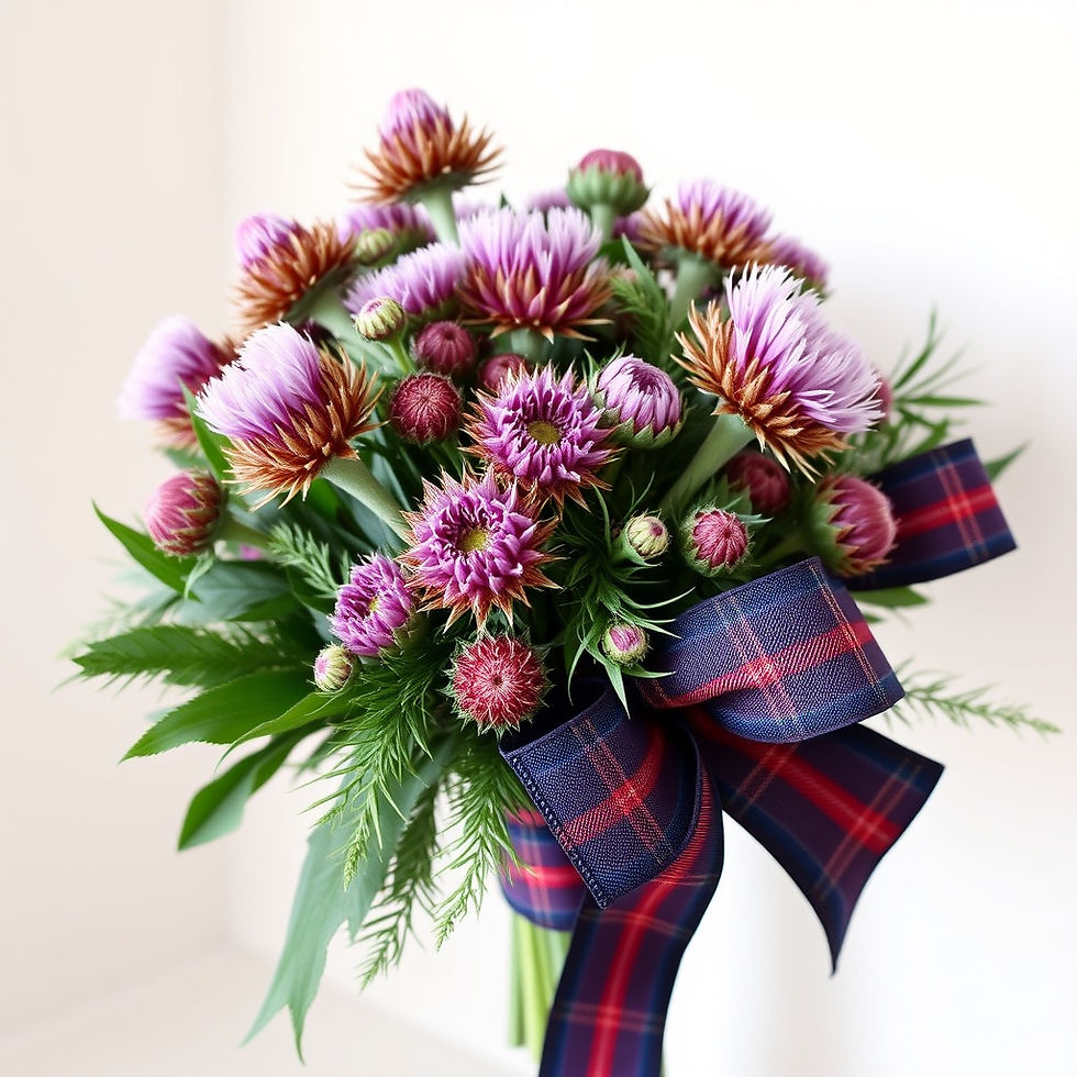 Bridal Bouquet with thistles and tartan ribbon.