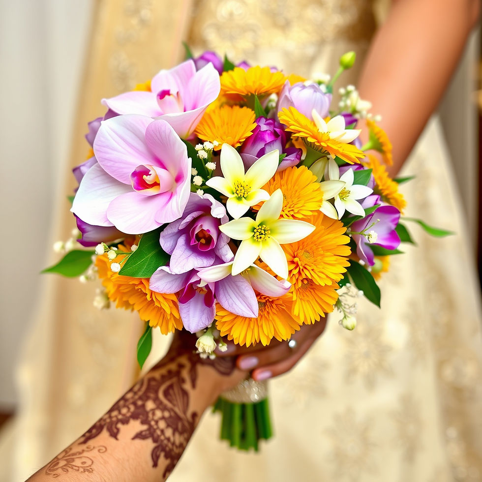 Bridal Bouquet with Orchids, Jasmine, and Calendulas.