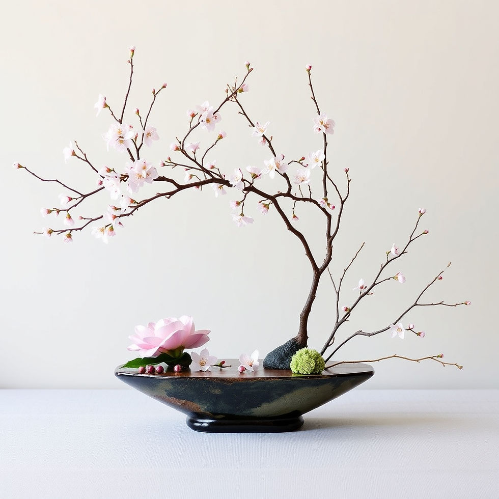 An ikebana table arrangement with cherry blossoms.