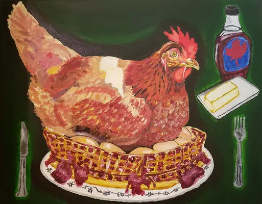 Playful oil painting titled 'Chicken and Waffles' by Nathan Cook, featuring a humorous depiction of a hen sitting atop waffles with syrup, butter, and diner-style utensils—an affectionate tribute to classic American Southern diner cuisine.