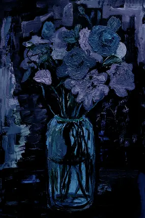 Digital artwork 'Flowers in a Vase, Pastel' (2024) by Nathan Cook. A soft-focus still life in muted purples and blues, evoking a quiet, meditative atmosphere.