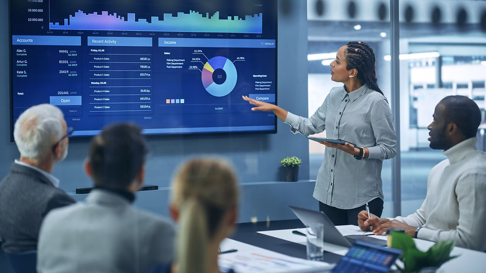 "Business professional presenting performance dashboards and analytics to colleagues during a strategy meeting in a modern office."