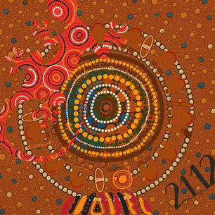 Aboriginal art featuring a red kangaroo with circular patterns, surrounded by concentric dots. Text reads "2012," in a colorful, earthy palette. from Studio Jijiji blog