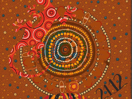 Aboriginal art featuring a red kangaroo with circular patterns, surrounded by concentric dots. Text reads "2012," in a colorful, earthy palette. from Studio Jijiji blog