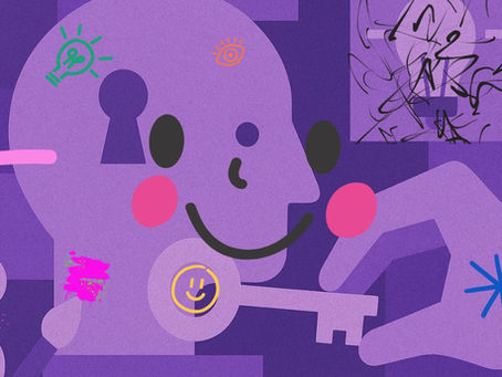 Abstract art with a smiling face, key, hand, and colorful icons on a purple background. Notable symbols include a lightbulb, stars, and music notes.