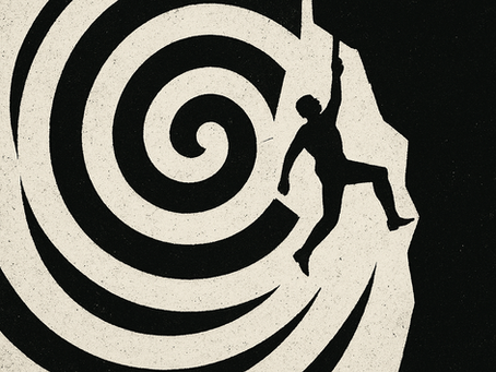 A man hangs from a cliff with a spiral to his death below him.