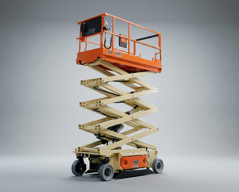 Studio photography of a JLG branded orange and beige scissor lift in an extended position against a neutral grey background. The professional lighting highlights the clean, industrial equipment focused on construction and maintenance utility.