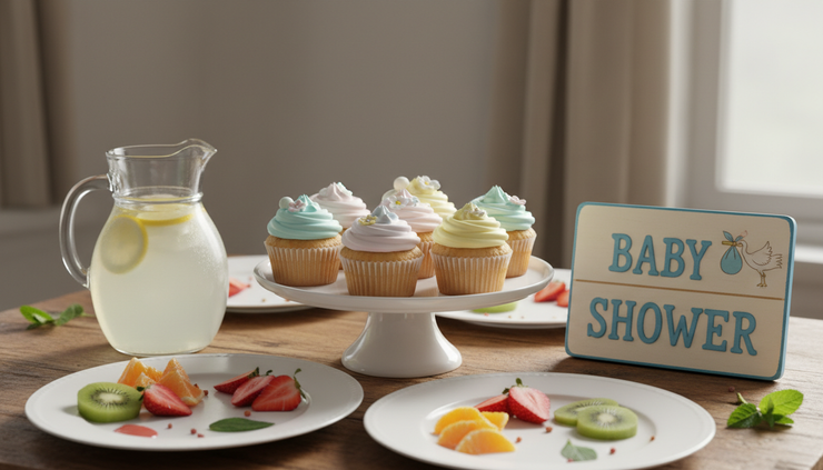 Close-up of homemade cupcakes and fruit arranged on a simple baby shower dessert table.