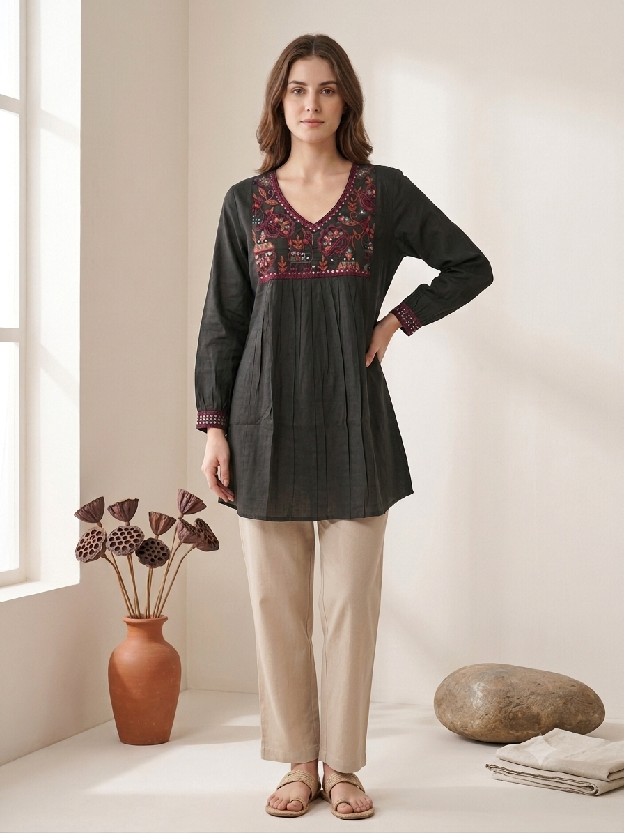 Thumbnail: Glamvila Meher Mirror Work Green Tunic