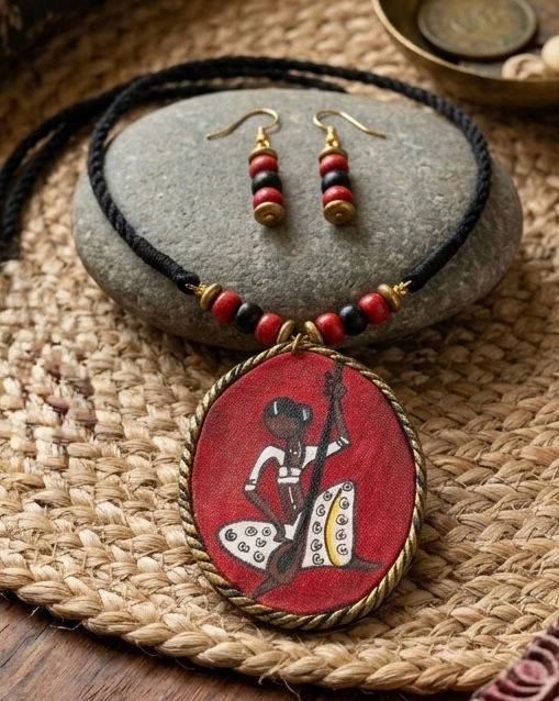 Thumbnail: Glamvila Raga Rouge- Handpainted Fabric Jewellery Set
