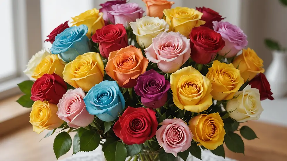 Eye-level view of a bouquet of different colored roses