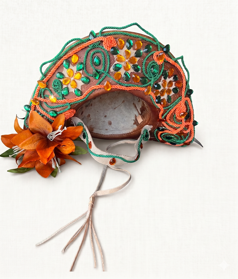 Chapéu artesanal estilo Maria Bonita em tons terrosos, com bordados verdes, pedrarias laranjas e uma grande flor lateral