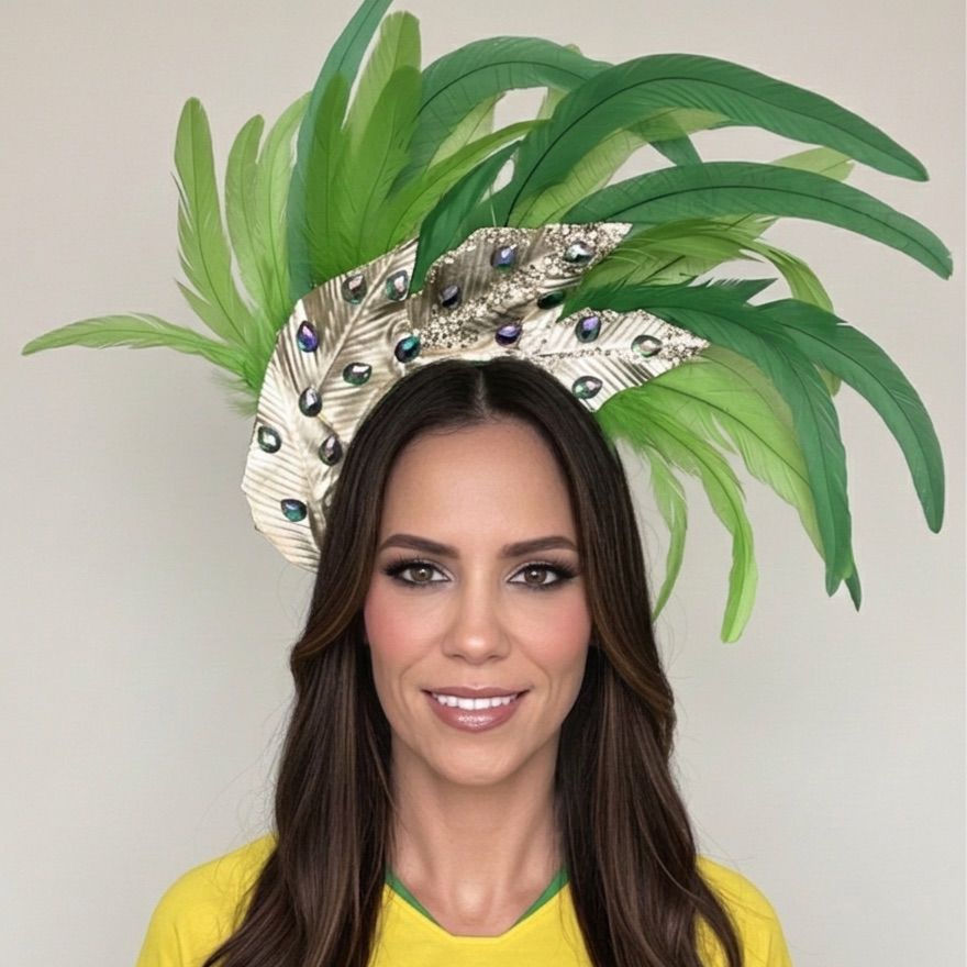 "Tiara artesanal com folhas metálicas douradas, penas verdes de diferentes texturas e pedras verdes brilhantes incrustadas."