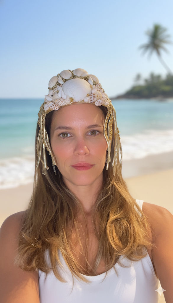 Miniatura: Coroa artesanal de conchas naturais com detalhes dourados nas laterais, adornada com fitas e tecidos dourados fluidos.