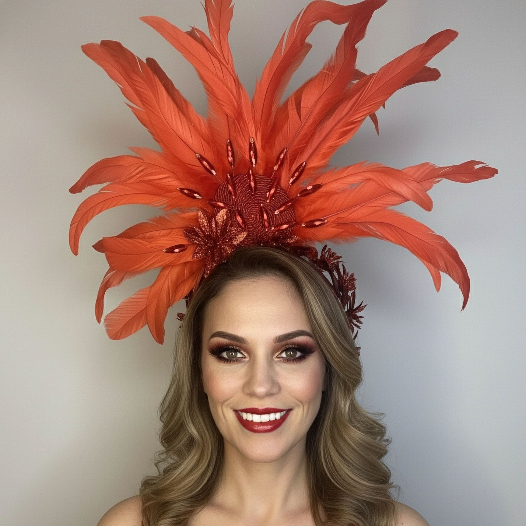 Tiara de Carnaval inteiramente vermelha. O topo apresenta círculos de cordões decorados com pedras vermelhas pontudas