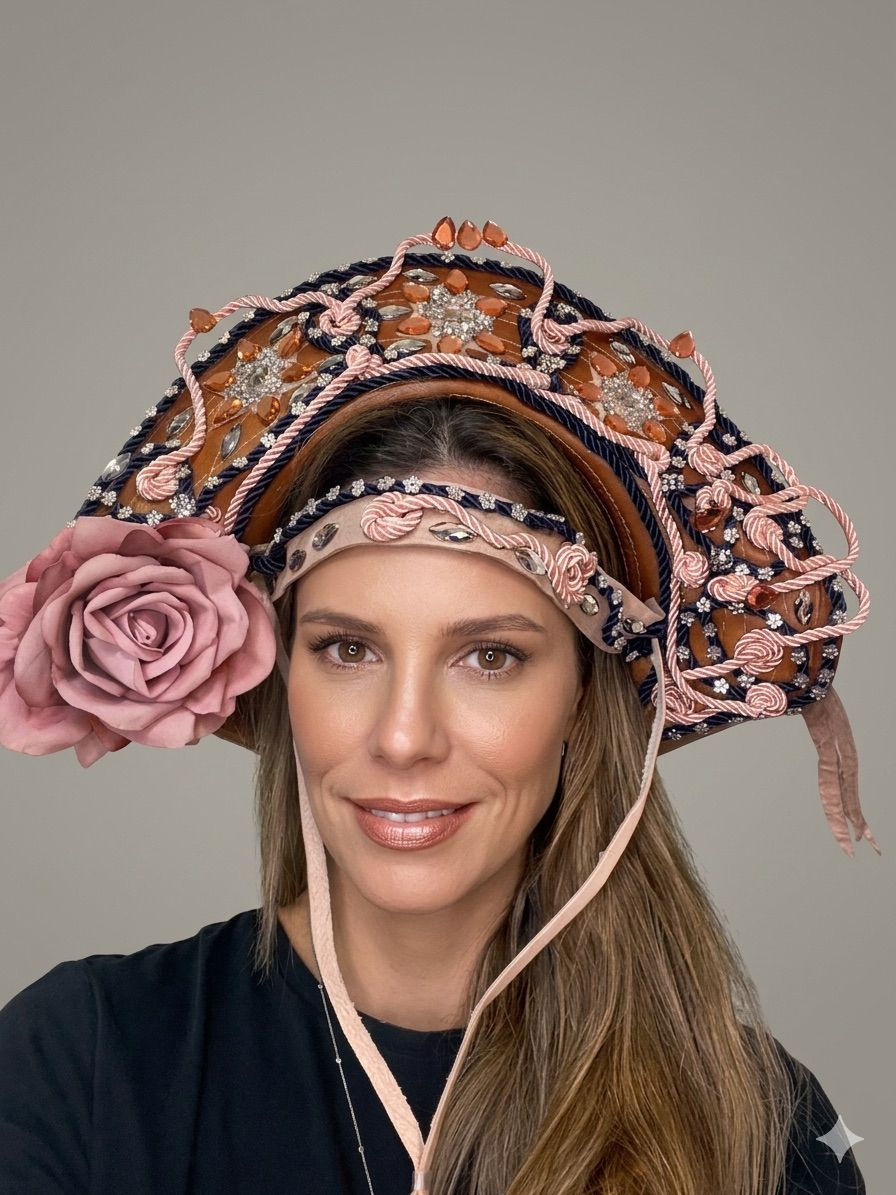 Chapéu de couro marrom customizado artesanalmente com pedrarias rosas, trançados marinhos e flor lateral, estilo Maria Bonita