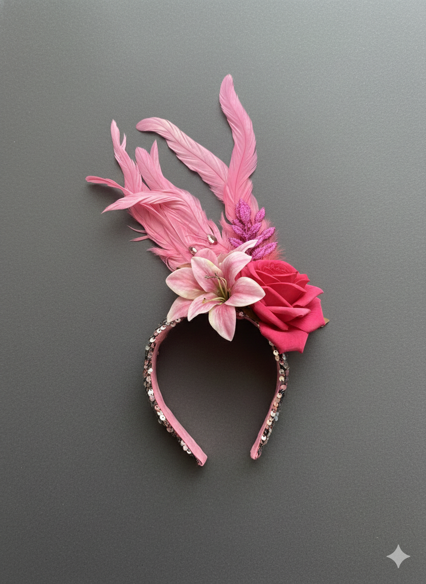 "Tiara Tropical Pink: base de lantejoulas prata e rosa, decorada com flores e penas macias. O acessório brilhante e vibrante