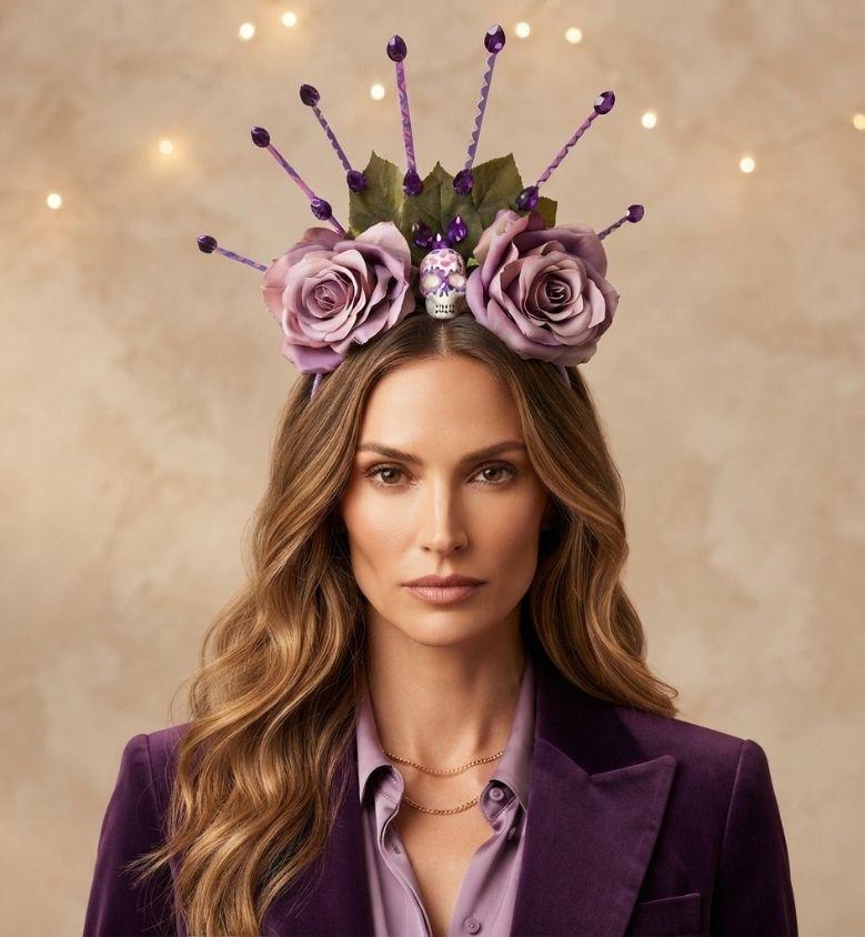 Tiara Halloween Lilás Flores Caveira Mexicana Luxo Festa