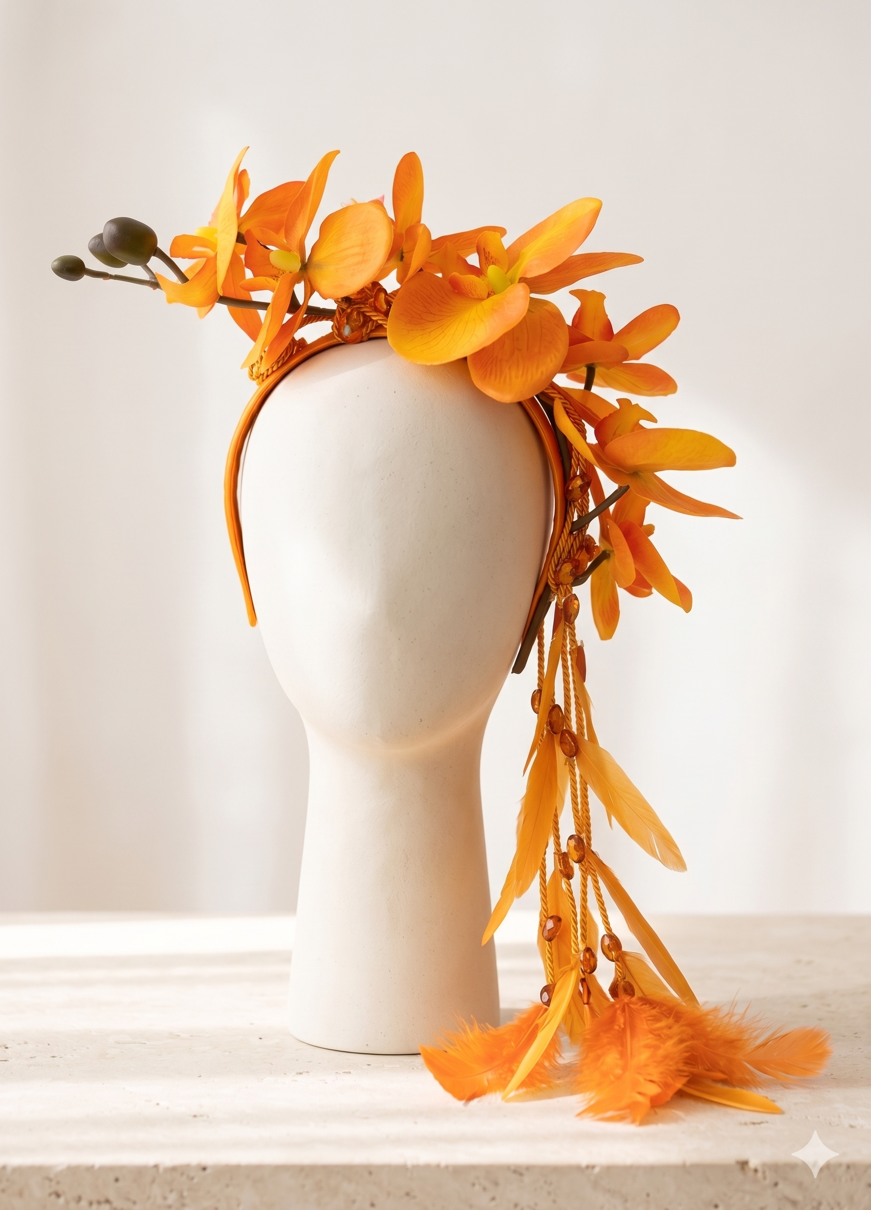 Tiara decorada com orquídeas laranjas vibrantes. Possui cordões caindo com penas laranjas.