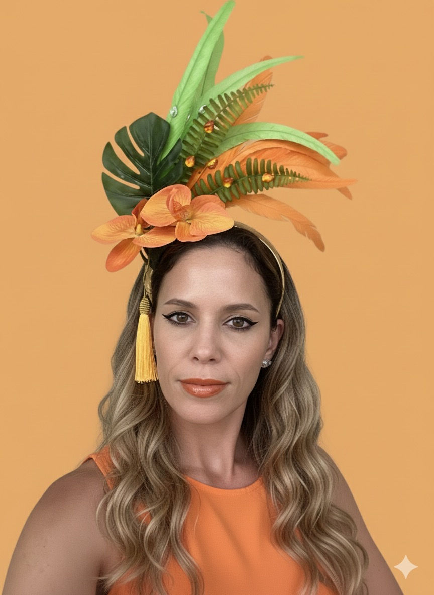 "Tiara Tropical com orquídea laranja, folhas de costela de adão e samambaias em tons de verde e laranja."