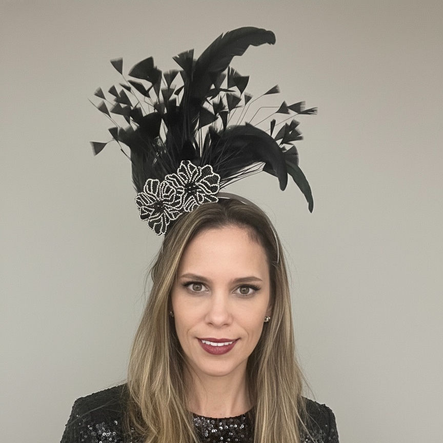 Tiara de Carnaval luxuosa na cor preta, vista de cima sobre um fundo neutro. A peça possui um arranjo assimétrico de plumas