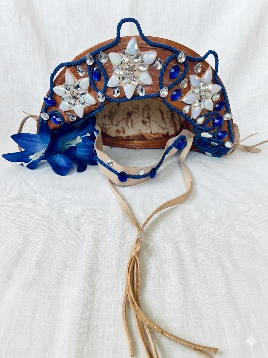 Chapéu de couro legítimo modelo Maria Bonita, na cor natural, decorado com cordões azuis, flores em tons de azul e branco,