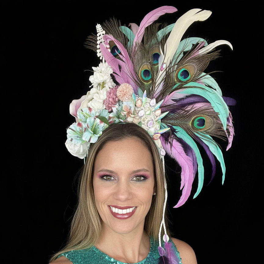 Tiara de Carnaval com arranjo de flores em branco, lilás, rosa e turquesa. Apresenta penas de pavão na parte frontal e cordõe