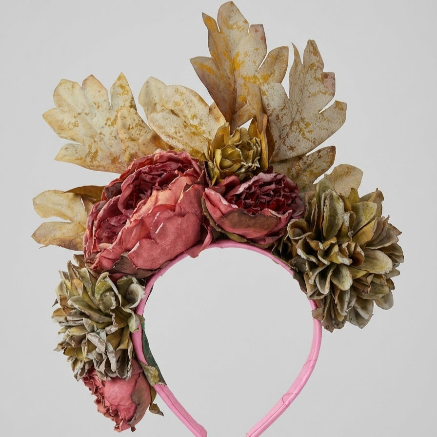 Tiara artesanal com arranjo volumoso de flores artificiais em tons de rosa antigo e verde musgo, acompanhadas por folhas alta