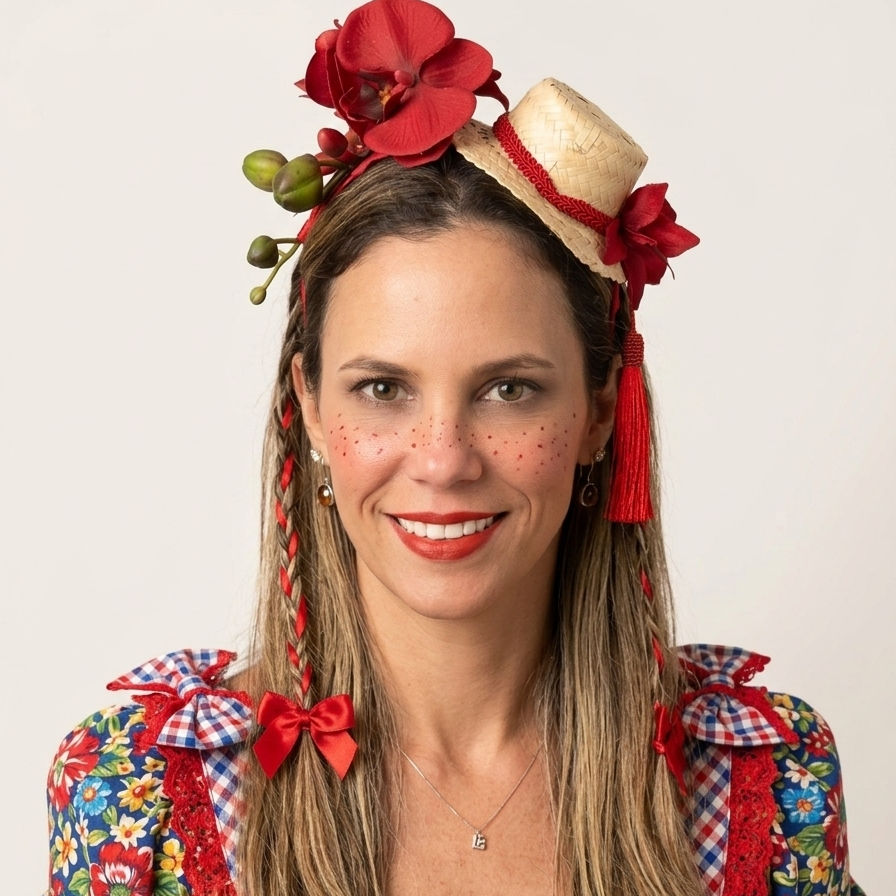 Tiara de luxo com mini chapéu de palha lateral, decorada com grandes orquídeas vermelhas realistas,