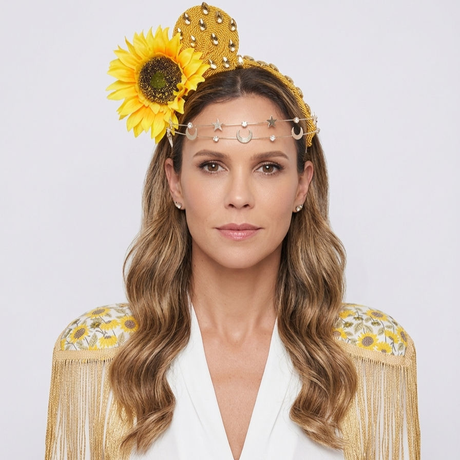 Tiara junina estilo Maria Bonita com girassol amarelo grande, chapéu artesanal dourado com pedrarias e testeira de metal com