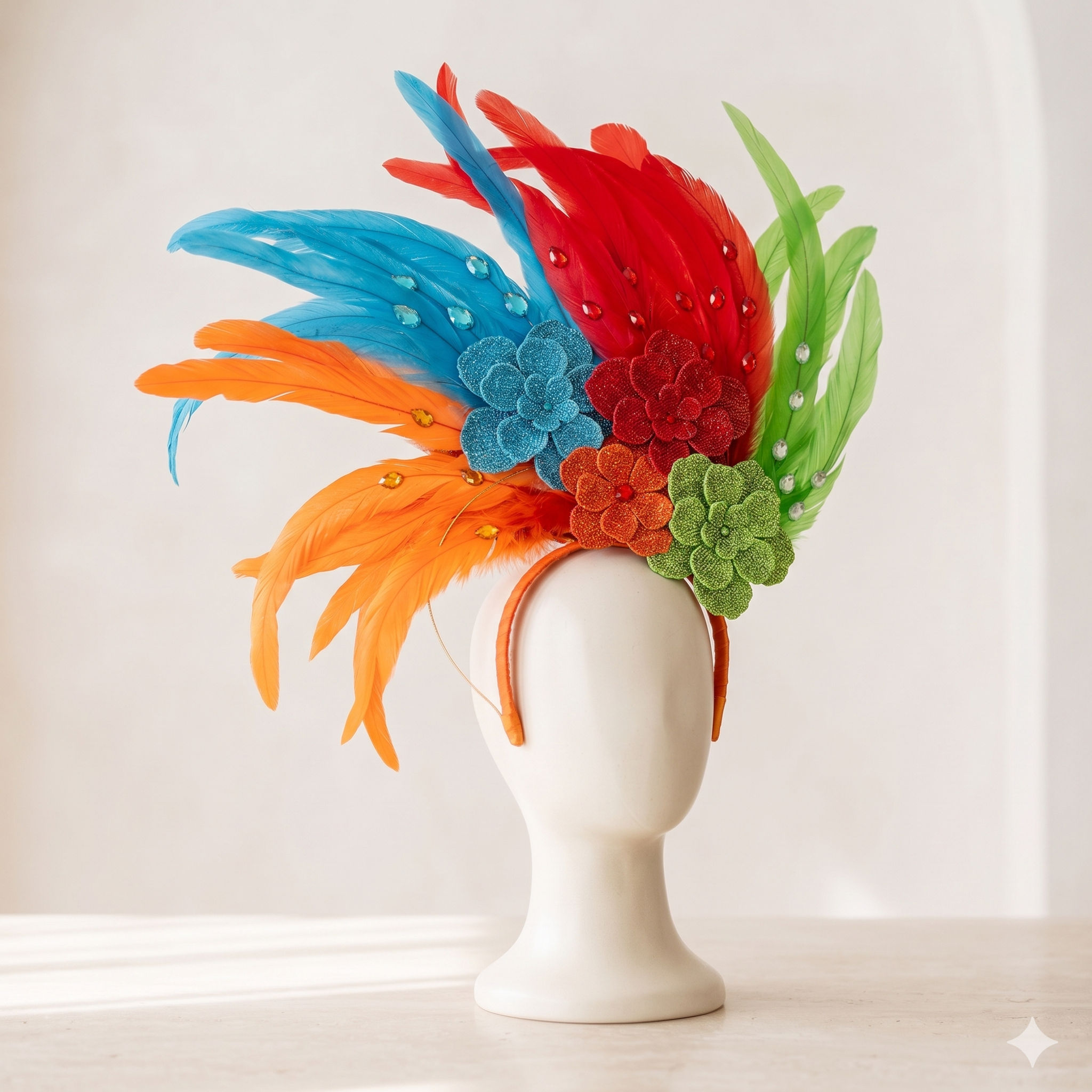 Tiara carnaval com flores de cristais e plumas altas nas cores azul, vermelho, laranja e verde