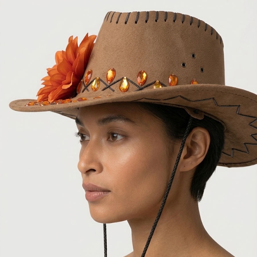 Thumbnail: Chapéu estilo boho chic em camurça marrom com flor alaranjada na lateral, detalhes em pedrarias âmbar e cordão ajustável.
