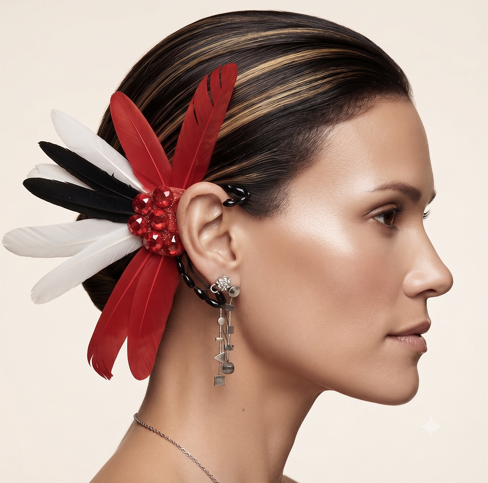 Ear Cuff com penas Vermelhas, pretas e brancas